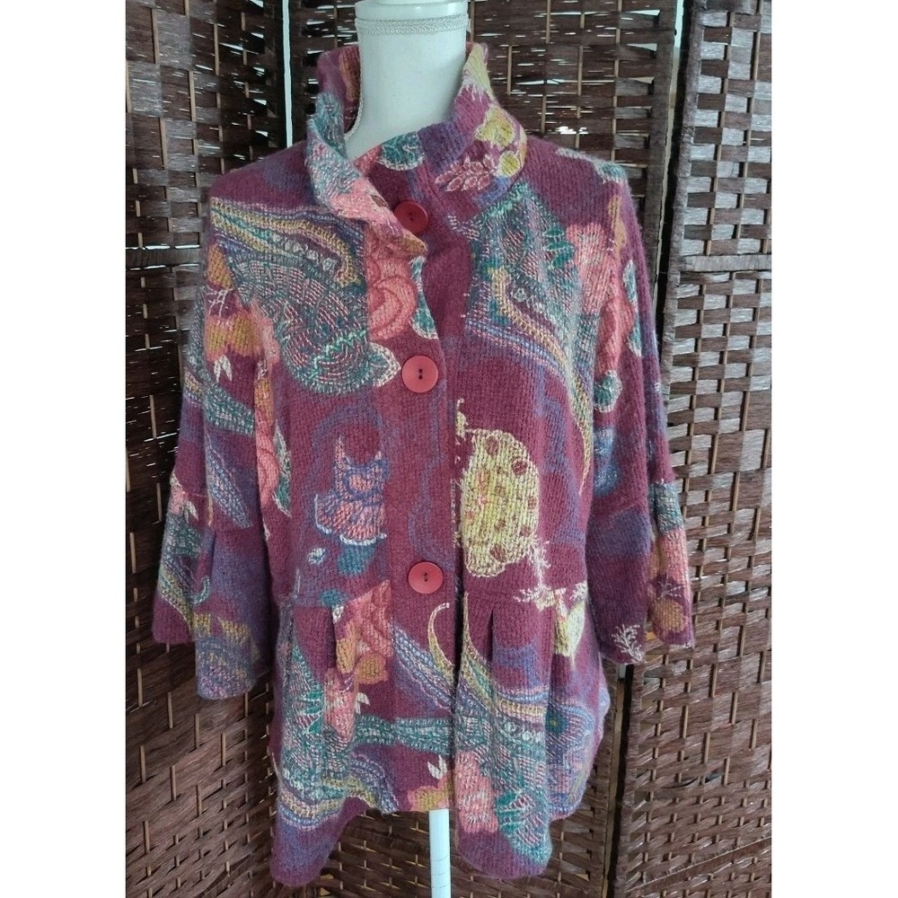 Damee Inc Womens Floral Swing Jacket Large Pink Pleated Cottage Bell Sleeve Boho